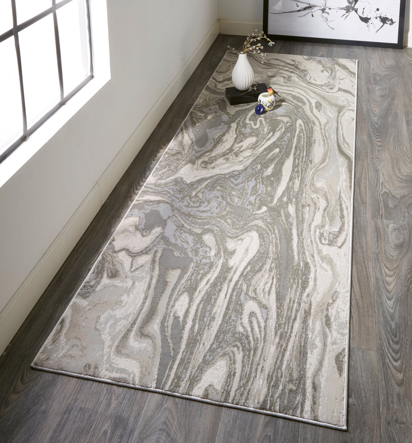 Prasad Modern/Casual Gray/Ivory/Silver Runner  Feizy Rugs Small Parcel,Feizy Rugs,Prasad,Gray/Ivory/Silver,2'10" x 7'10",Runner,Polypropylene/Polyester,Modern/Casual,Turkey