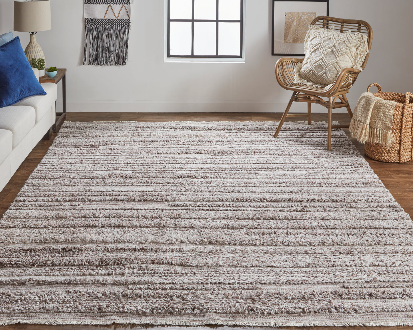 Alden Transitional/Casual/Scandinavian Stripes/Solid Taupe/Brown/Ivory - Feizy Rug