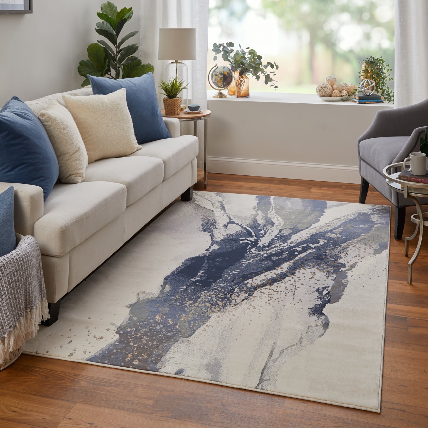 Mandana Modern/Bohemian & Eclectic Abstract/Watercolor Ivory/Blue - Feizy Rug