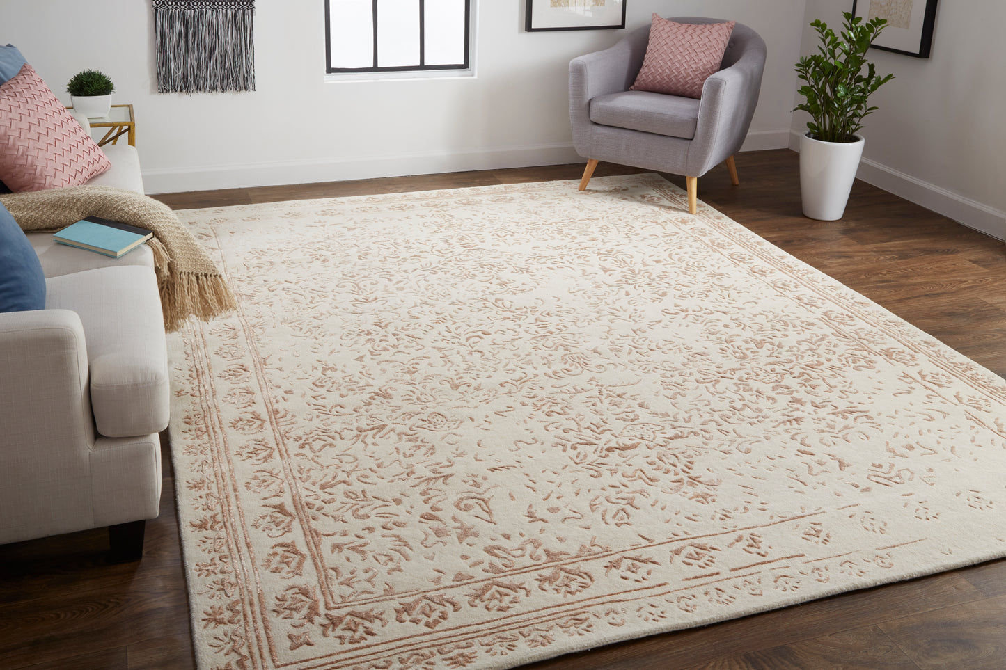 Bella Transitional/Bohemian & Eclectic/Casual Oriental/Bordered/Floral & Botanical Ivory/Tan/Pink - Feizy Rug