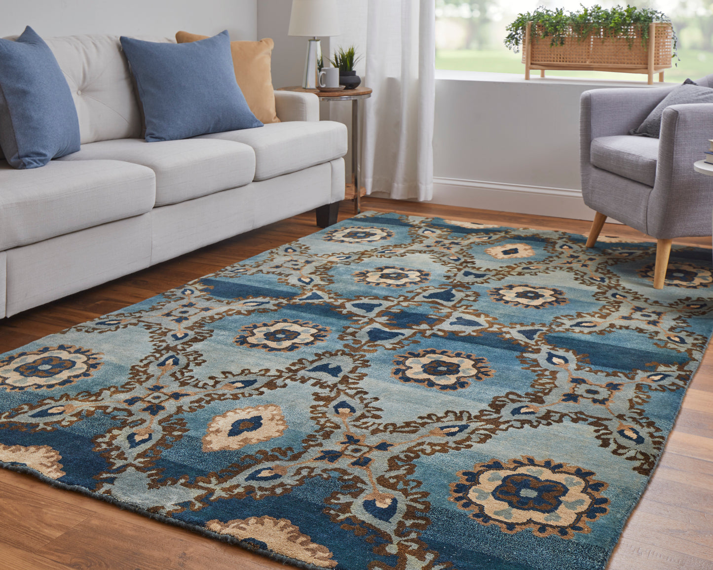 Amzad Transitional/Craftsman/Casual Ikat/Floral & Botanical Blue/Gray/Tan - Feizy Rug