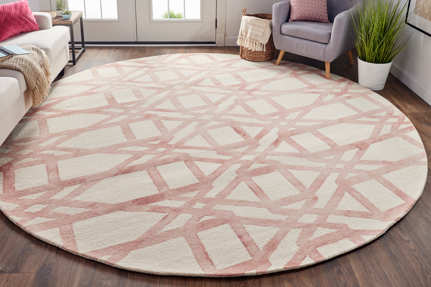 Lorrain Modern/Mid-Century Modern/Luxury & Glam Ivory/Pink/Tan Round Rug  Feizy Rugs LTL,Feizy Rugs,Lorrain,Ivory/Pink/Tan,10' x 10' Round,Round Rug,Wool,Modern/Mid-Century Modern/Luxury & Glam,India