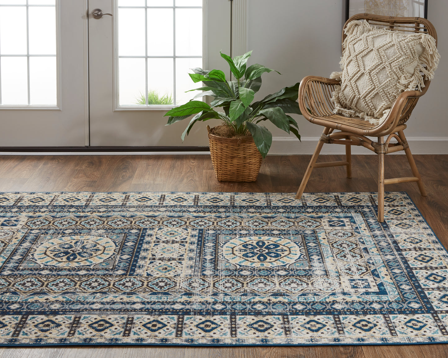 Nolan Transitional/Bohemian & Eclectic/Classic Medallion/Bordered/Moroccan Ivory/Tan/Blue - Feizy Rug
