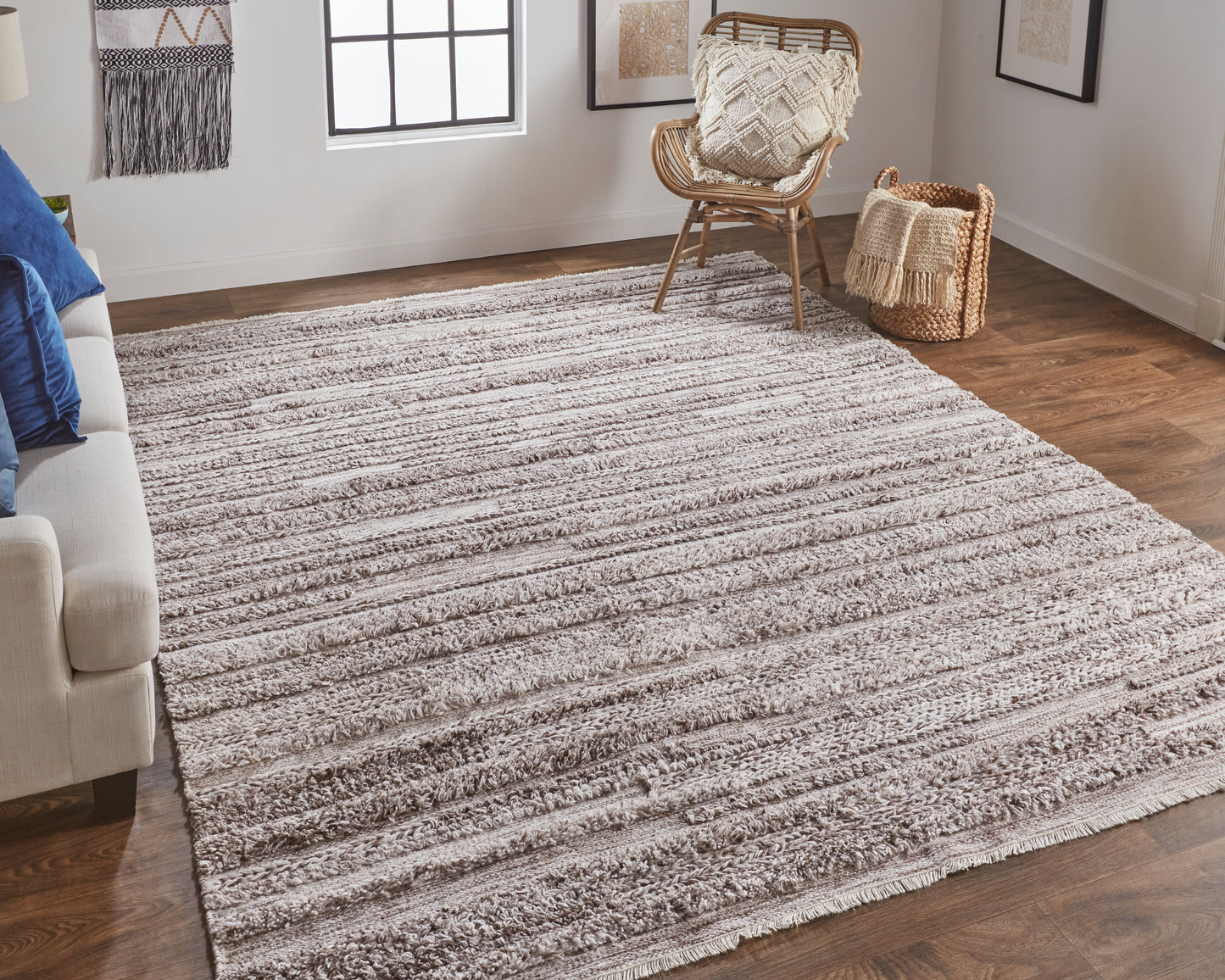 Alden Transitional/Casual/Scandinavian Stripes/Solid Taupe/Brown/Ivory - Feizy Rug