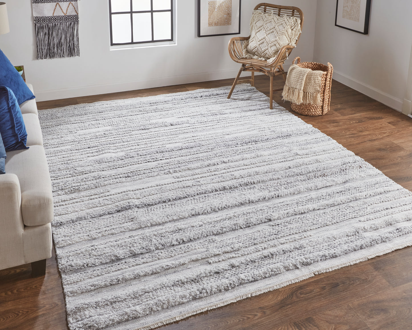 Alden Transitional/Casual/Scandinavian Stripes/Solid Gray/Silver/Ivory - Feizy Rug