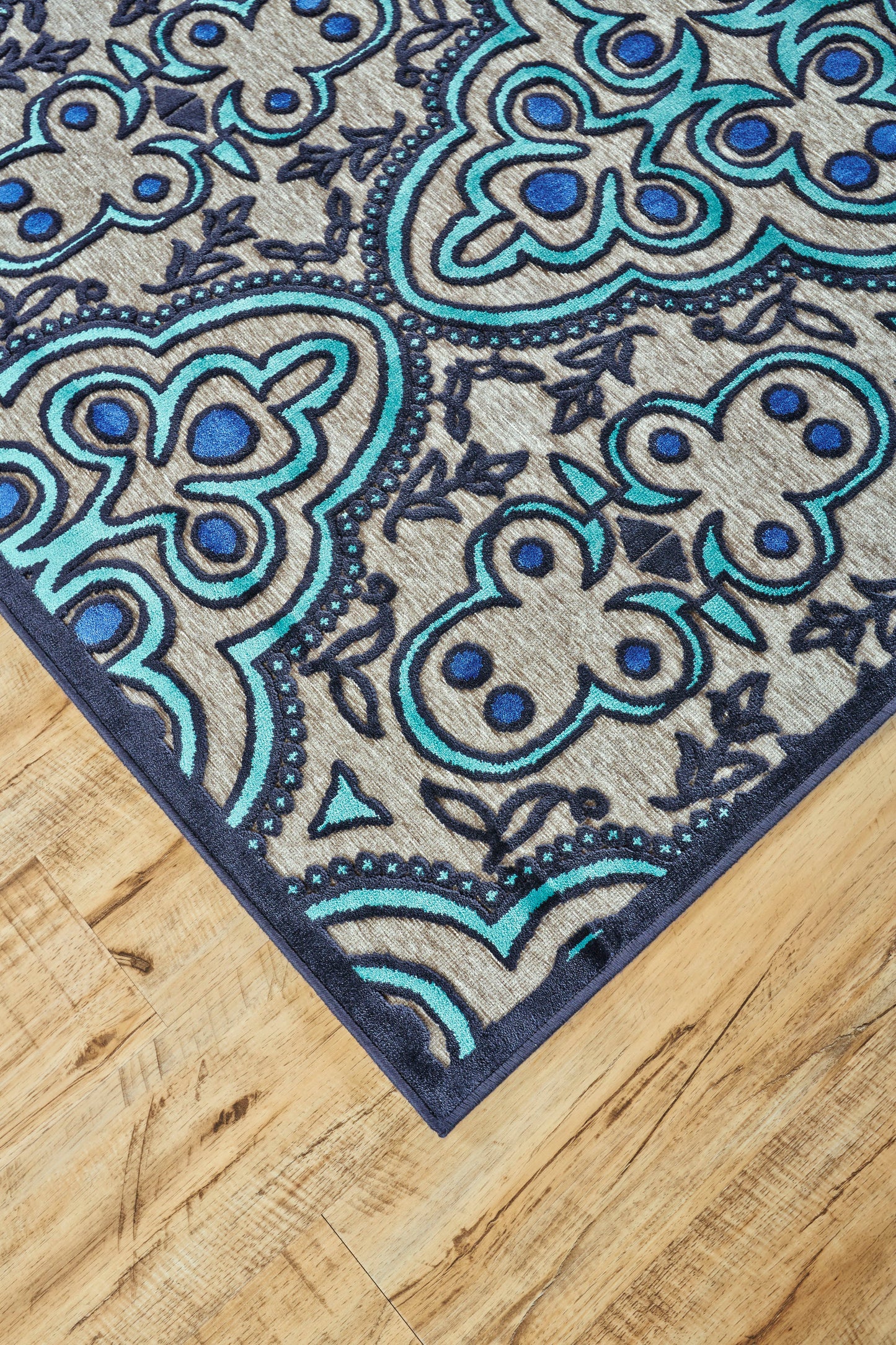 Saphir Callo Modern/Bohemian & Eclectic/Cottage Damask/Ikat Tan/Taupe/Blue - Feizy Rug