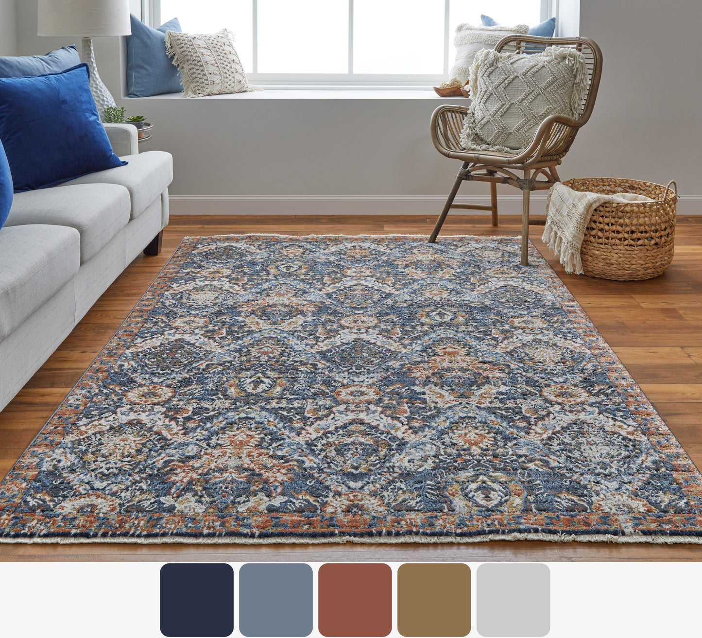 Kaia Transitional/Casual/Classic Blue/Orange/Ivory Accent Rug