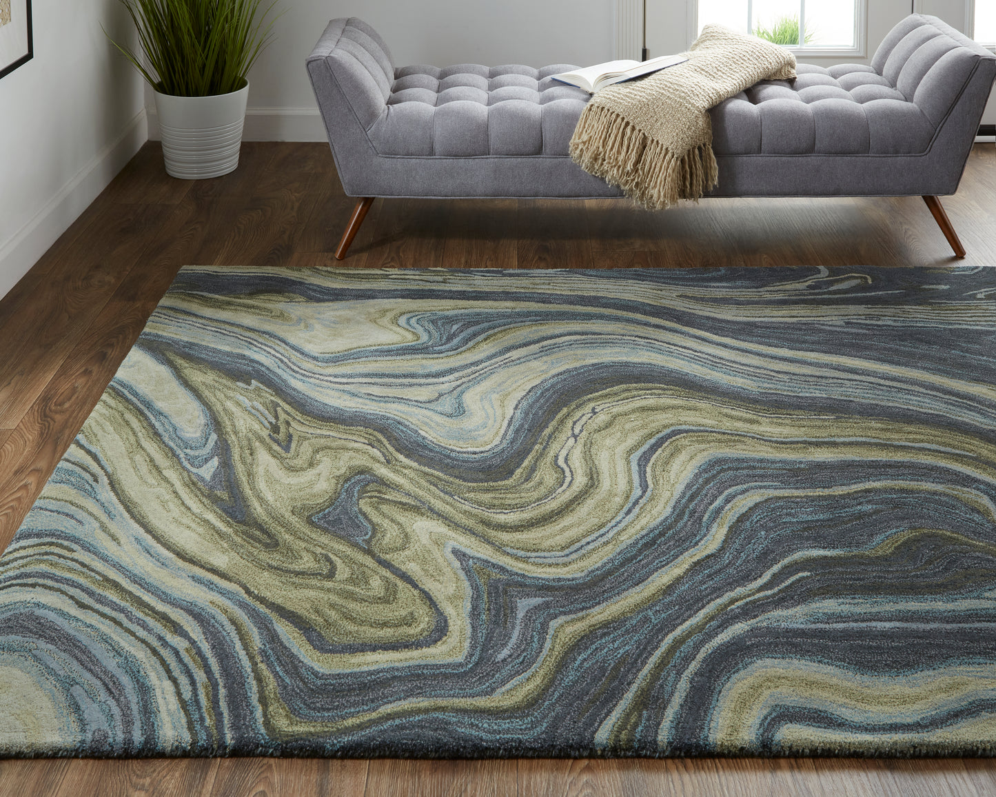 Amira Transitional/Industrial/Casual Abstract/Watercolor Blue/Ivory/Green - Feizy Rug