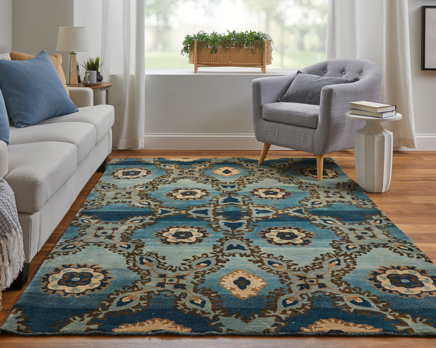 Amzad Transitional/Craftsman/Casual Ikat/Floral & Botanical Blue/Gray/Tan - Feizy Rug