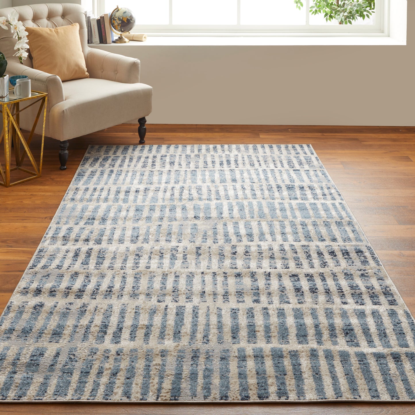 Camellia Transitional/Mid-Century Modern/Global Geometric/Moroccan/Distressed Blue/Ivory - Feizy Rug