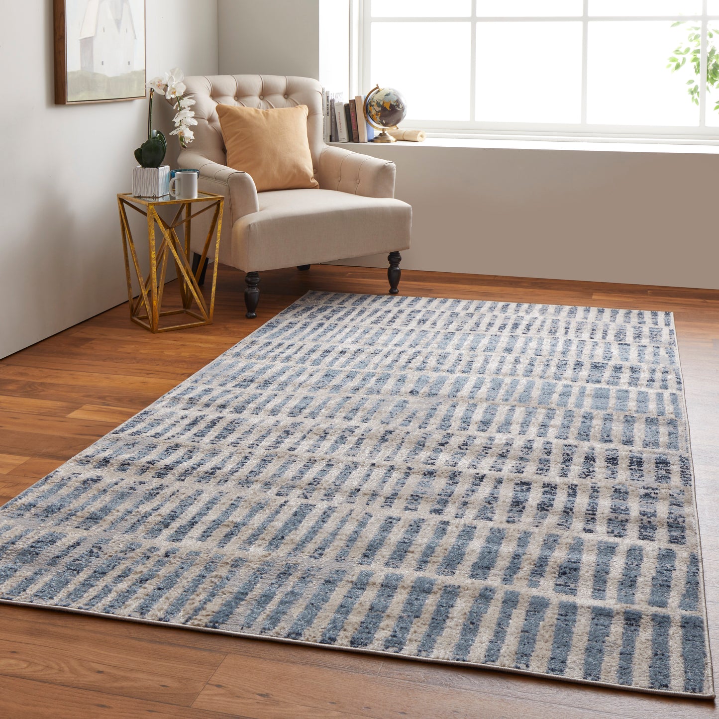 Camellia Transitional/Mid-Century Modern/Global Geometric/Moroccan/Distressed Blue/Ivory - Feizy Rug