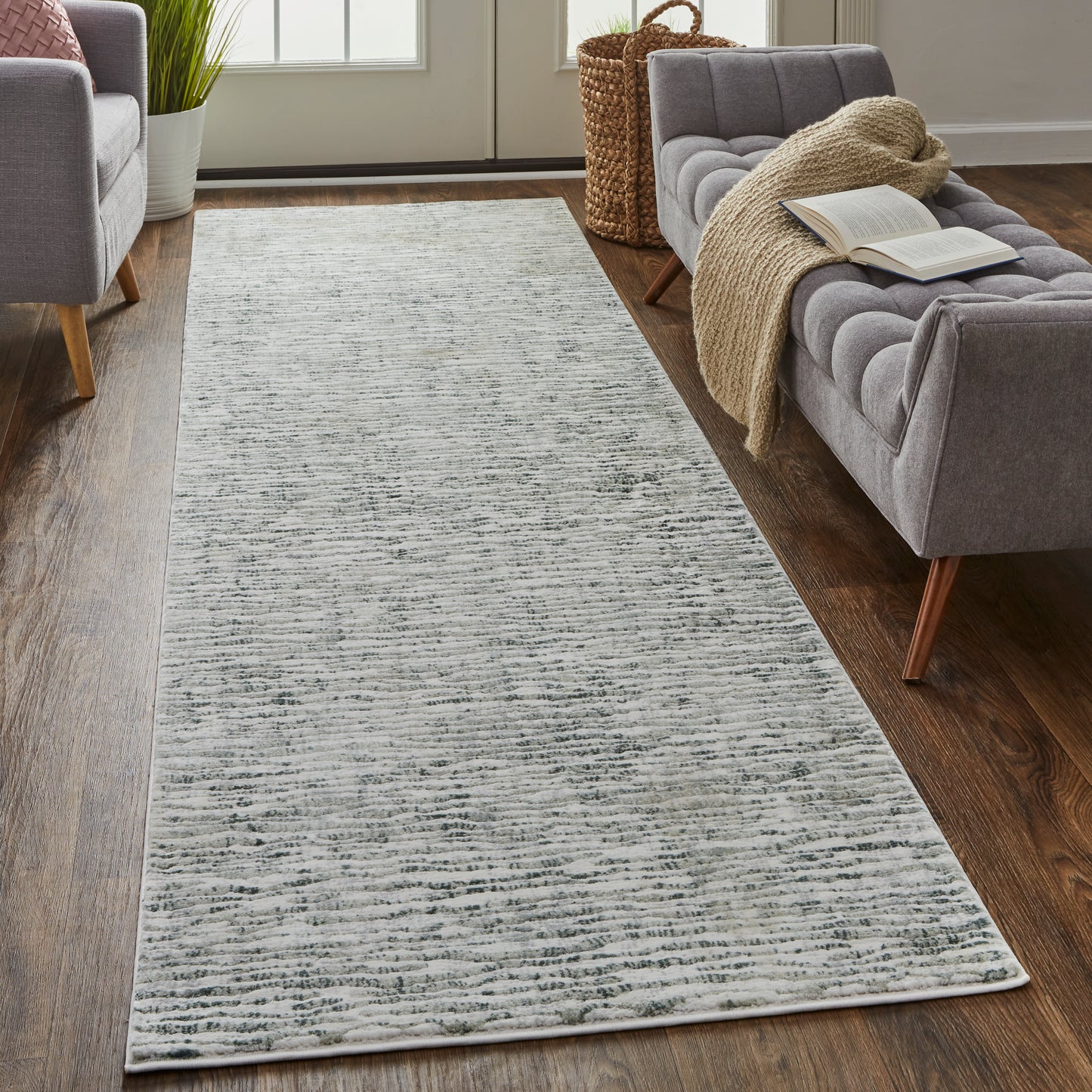 Atwell Transitional/Industrial/Casual Abstract/Stripes/Distressed Gray/Green/Ivory - Feizy Rug