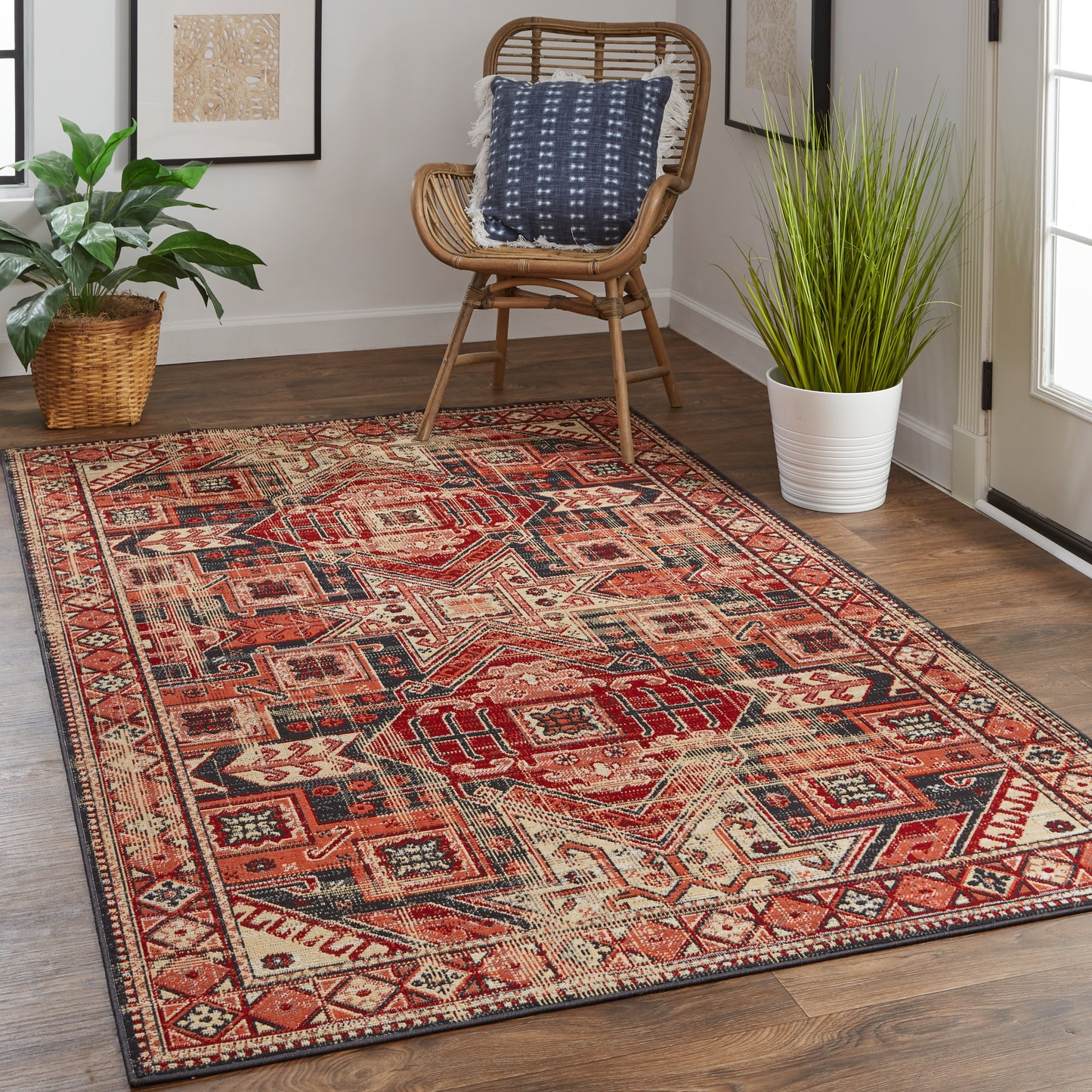 Nolan Transitional/Southwestern/Rustic Southwestern/Bordered/Distressed Red/Tan/Black - Feizy Rug