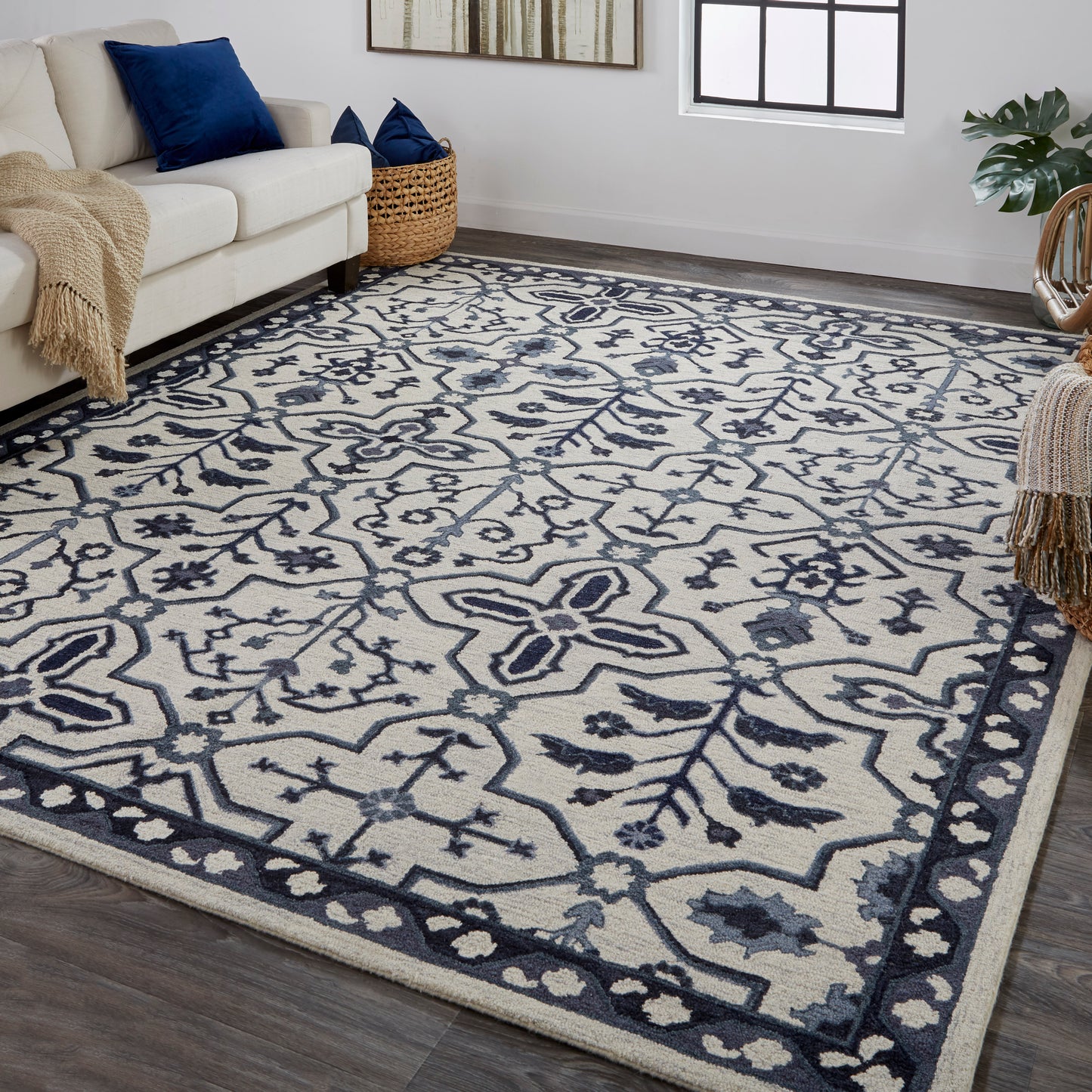 Fallon Traditional/Classic Oriental/Geometric/Floral & Botanical Gray/Blue/Ivory - Feizy Rug