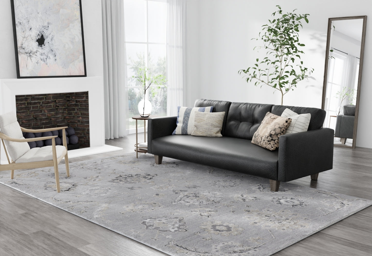 Macklaine Transitional/Bohemian & Eclectic/Vintage Damask/Distressed Silver/Black - Feizy Rug