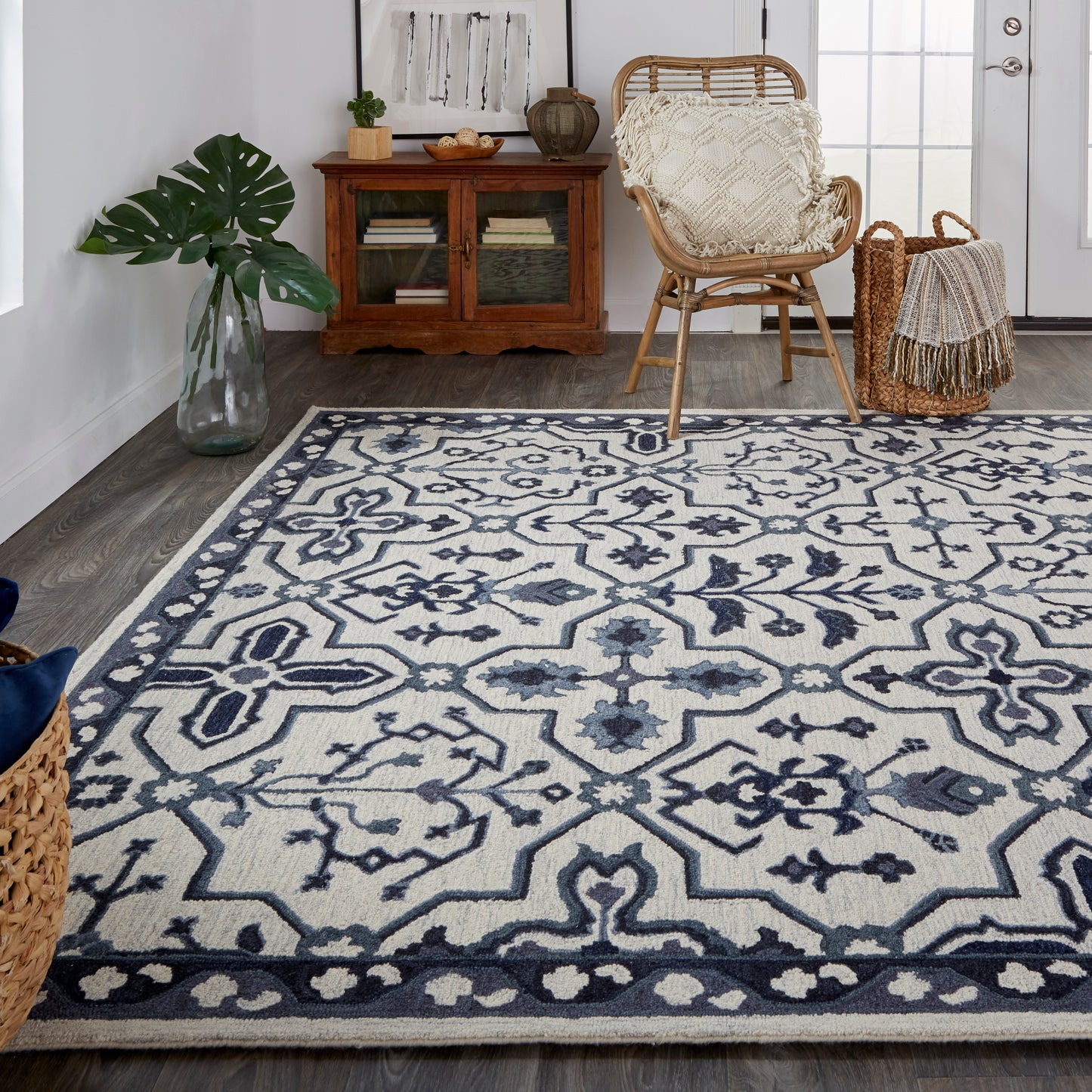 Fallon Traditional/Classic Oriental/Geometric/Floral & Botanical Gray/Blue/Ivory - Feizy Rug