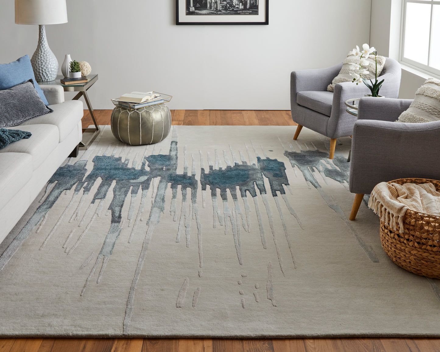 Anya Transitional/Industrial/Casual Abstract/Watercolor Ivory/Blue/Gray - Feizy Rug