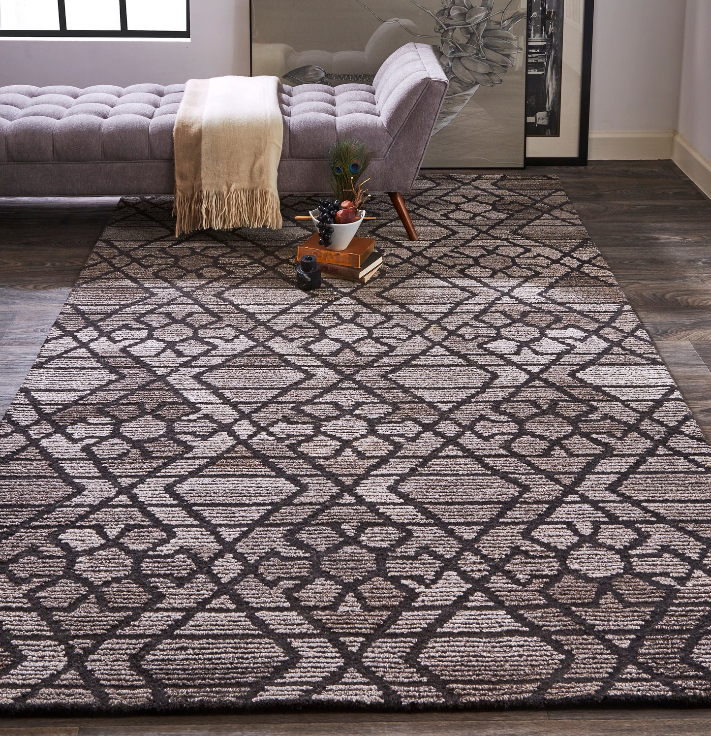 Asher Transitional/Scandinavian/Industrial Geometric/Floral & Botanical Taupe/Black/Gray - Feizy Rug