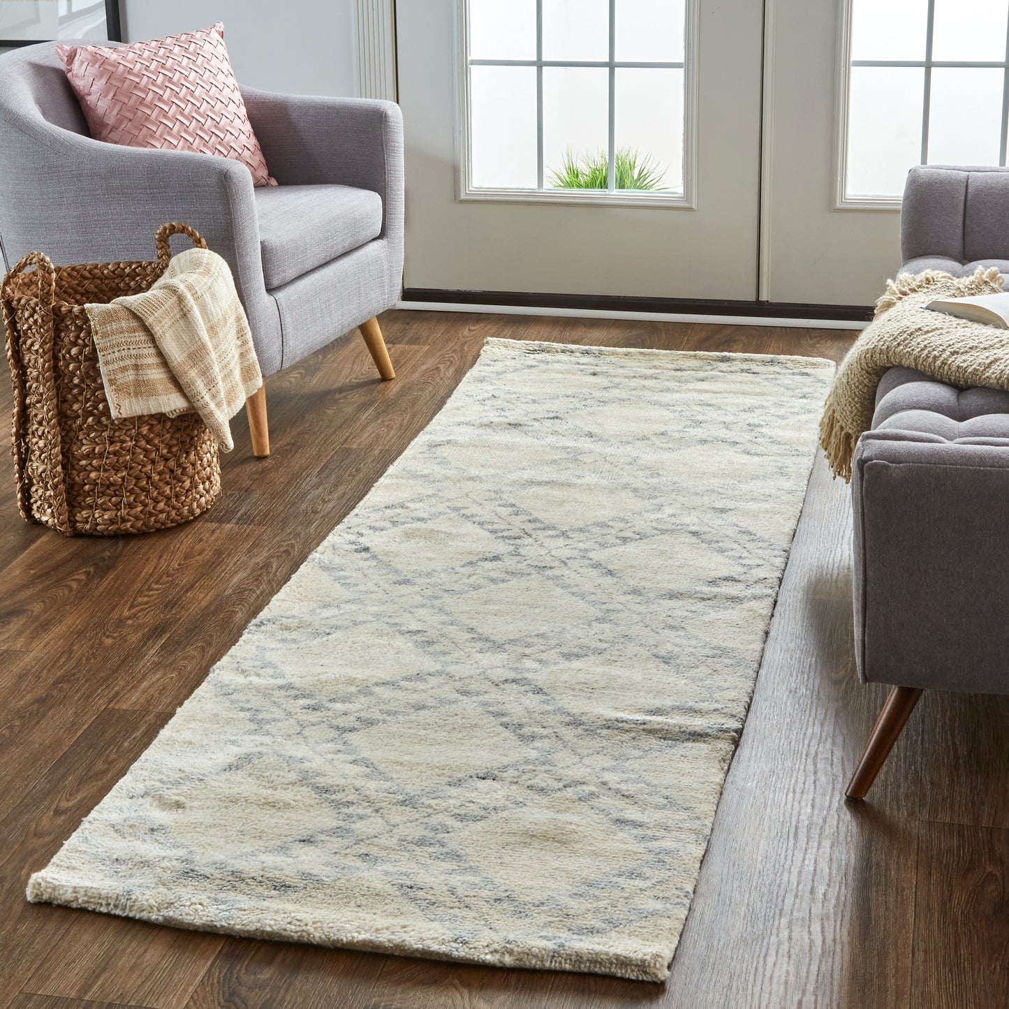 Abytha Transitional/Global/Farmhouse Diamond/Geometric/Distressed Gray/Blue/Ivory - Feizy Rug