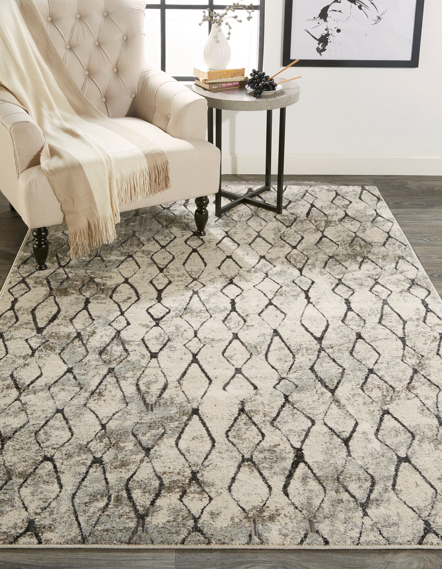 Kano Transitional/Global/Bohemian & Eclectic Diamond/Distressed Ivory/Gray/Taupe - Feizy Rug