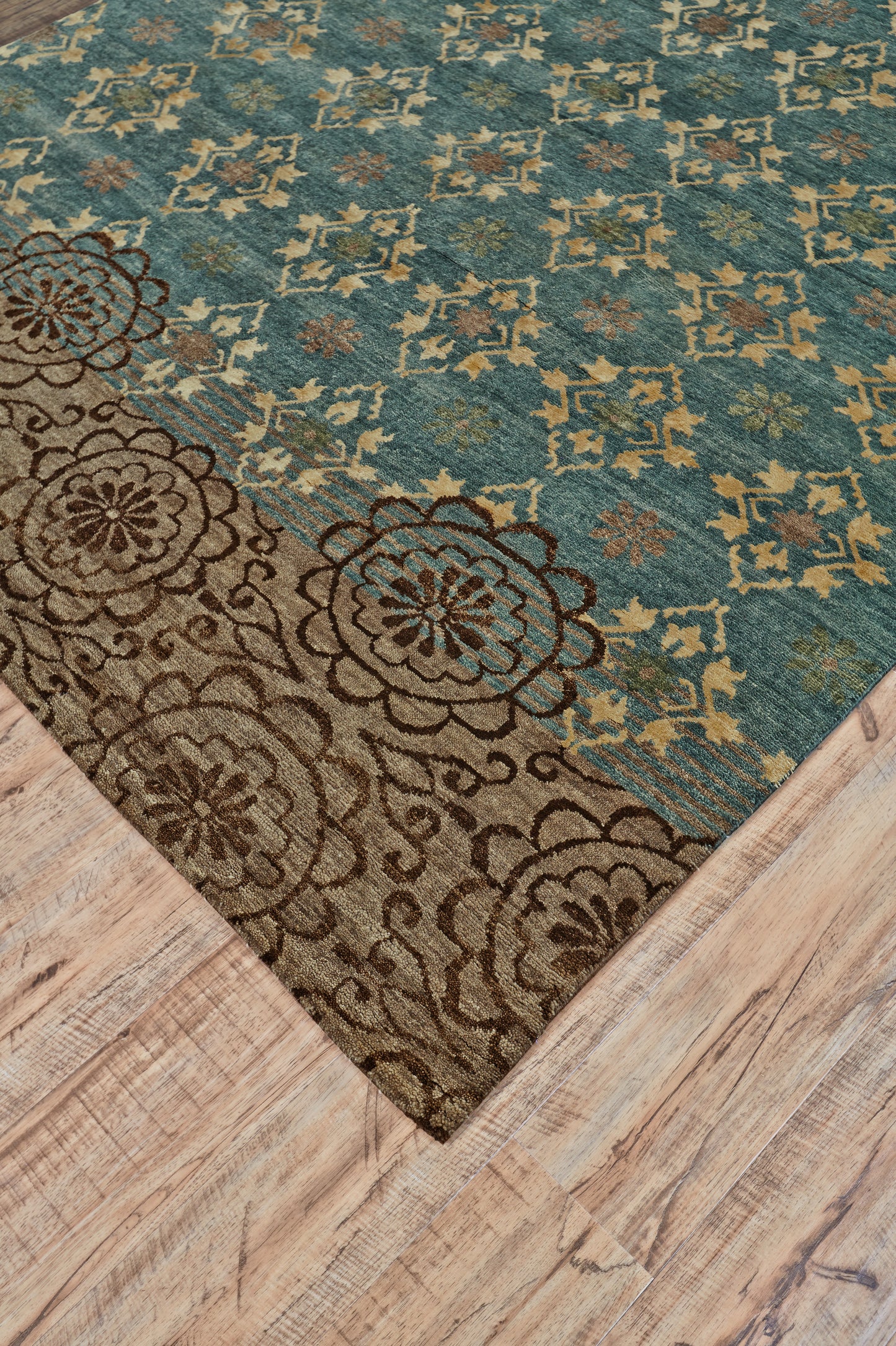 Qing Transitional/Casual/Craftsman Floral & Botanical/Ikat/Diamond Blue/Green/Brown - Feizy Rug