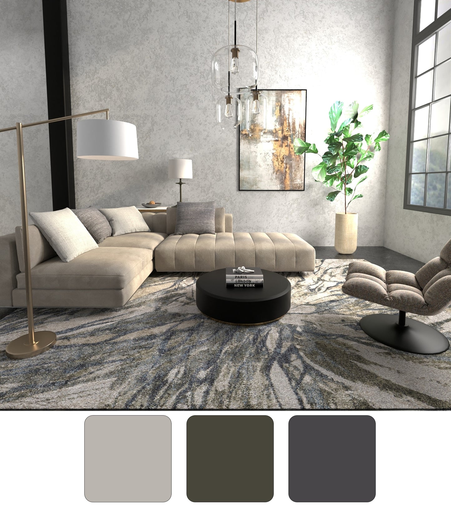 Skyview Modern/Bohemian & Eclectic/Industrial Abstract/Stripes Gray/Green/Ivory - Feizy Rug