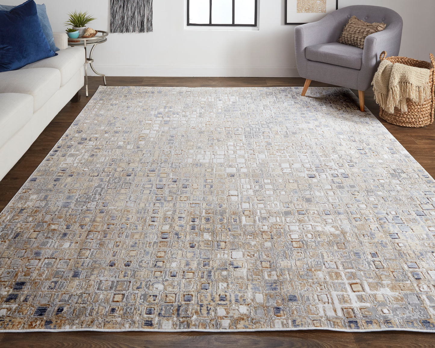 Laina Transitional/Mid-Century Modern Tan/Ivory/Blue Area Rug