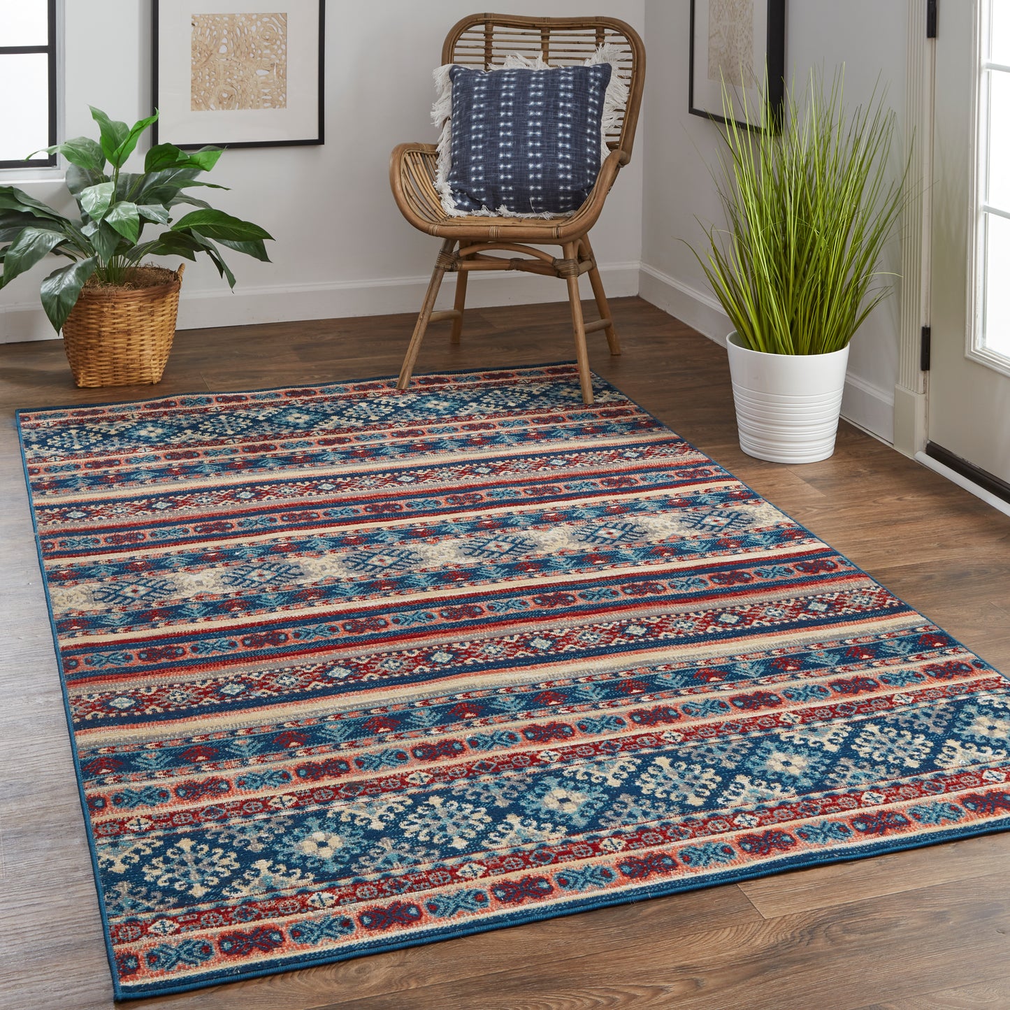 Nolan Transitional/Farmhouse/Casual Diamond/Stripes/Distressed Blue/Red/Ivory - Feizy Rug