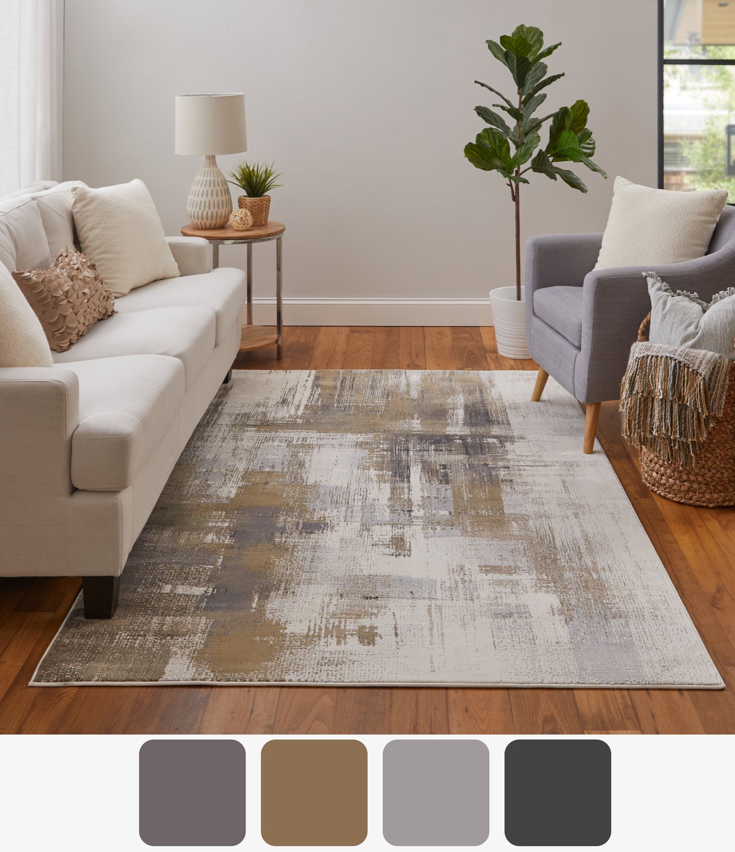 Mandana Modern/Bohemian & Eclectic/Industrial Abstract/Watercolor Brown/Ivory - Feizy Rug