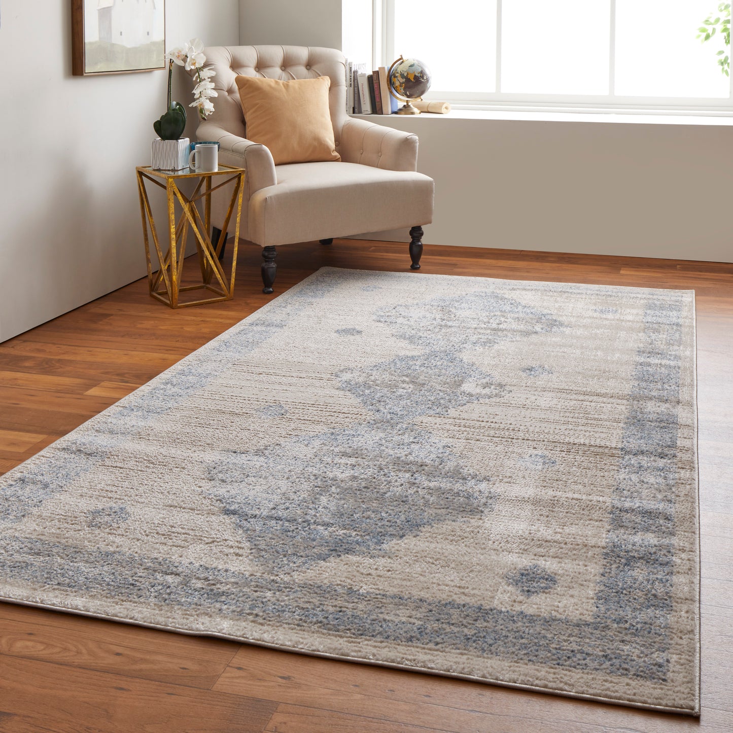 Camellia Transitional/Global Geometric/Moroccan/Distressed Blue/Ivory - Feizy Rug