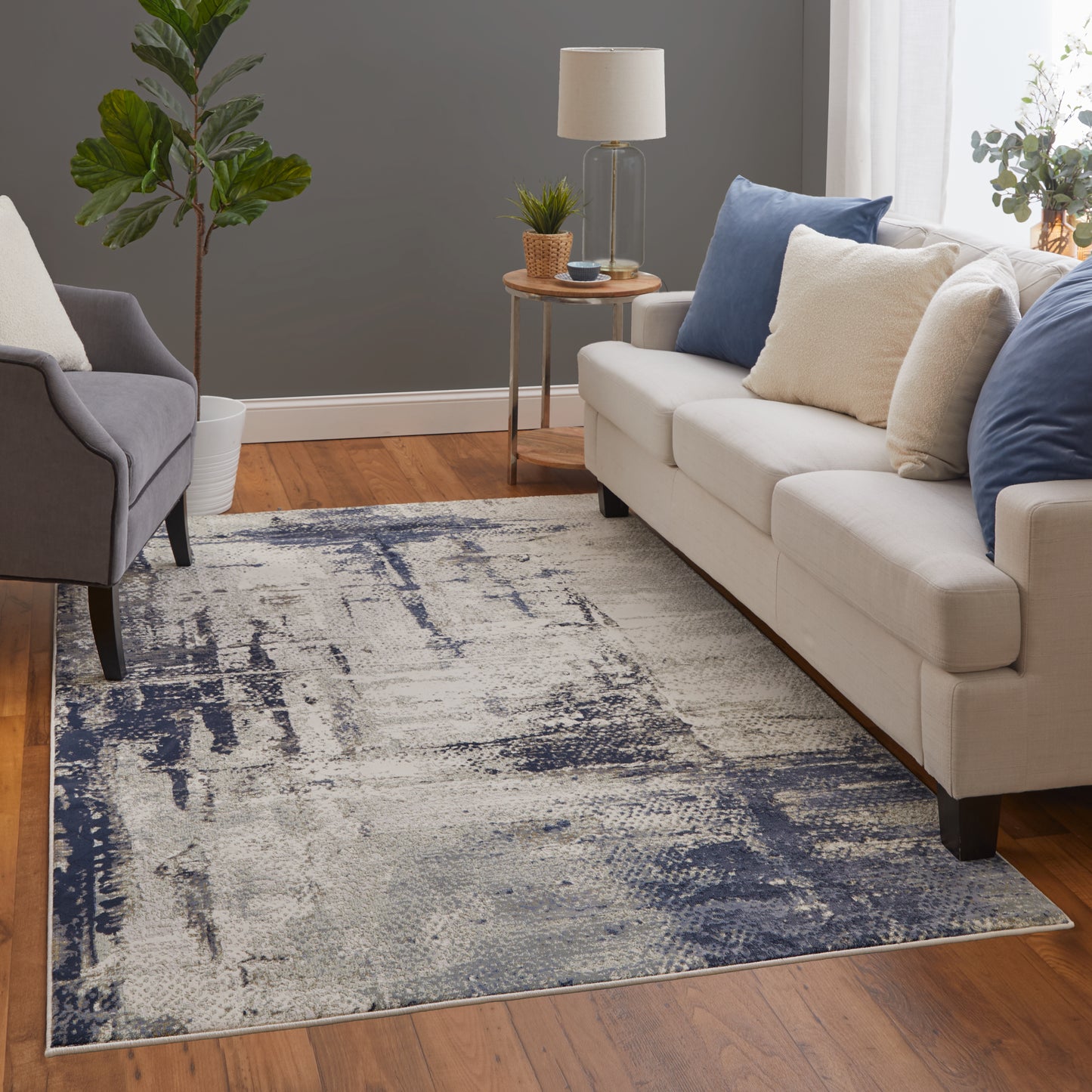 Mandana Modern/Bohemian & Eclectic/Industrial Abstract/Watercolor Ivory/Blue - Feizy Rug
