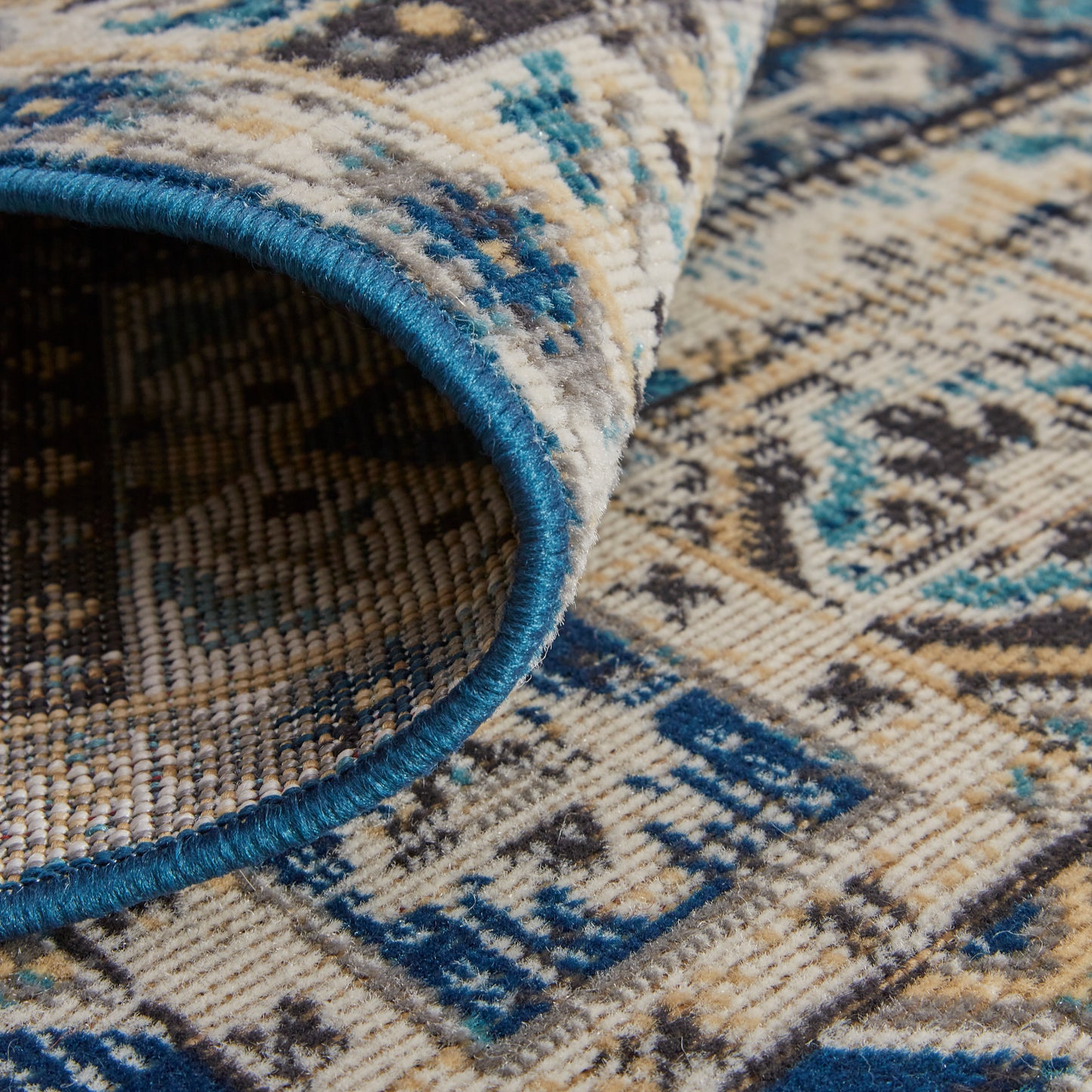 Nolan Transitional/Bohemian & Eclectic/Classic Medallion/Bordered/Moroccan Ivory/Tan/Blue - Feizy Rug
