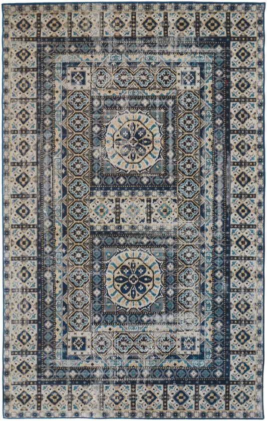 Nolan Transitional/Bohemian & Eclectic/Classic Medallion/Bordered/Moroccan Ivory/Tan/Blue - Feizy Rug