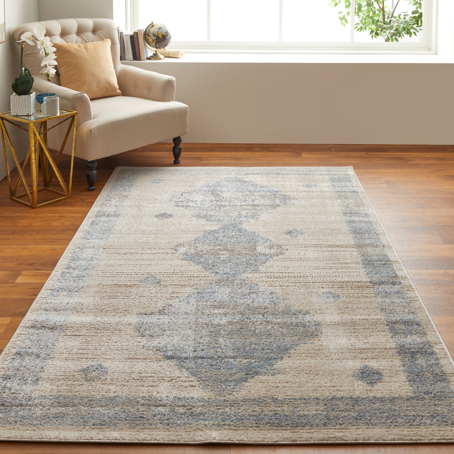 Camellia Transitional/Global Geometric/Moroccan/Distressed Blue/Ivory - Feizy Rug