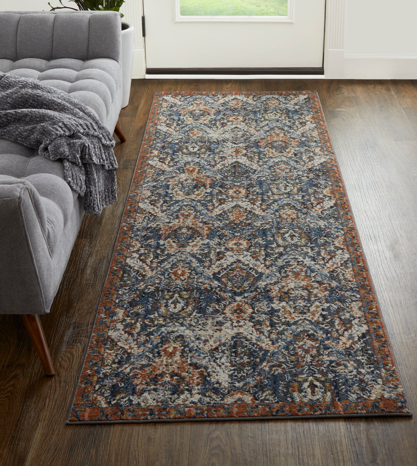 Kaia Transitional/Casual/Classic Floral & Botanical/Bordered/Oriental Blue/Orange/Ivory - Feizy Rug