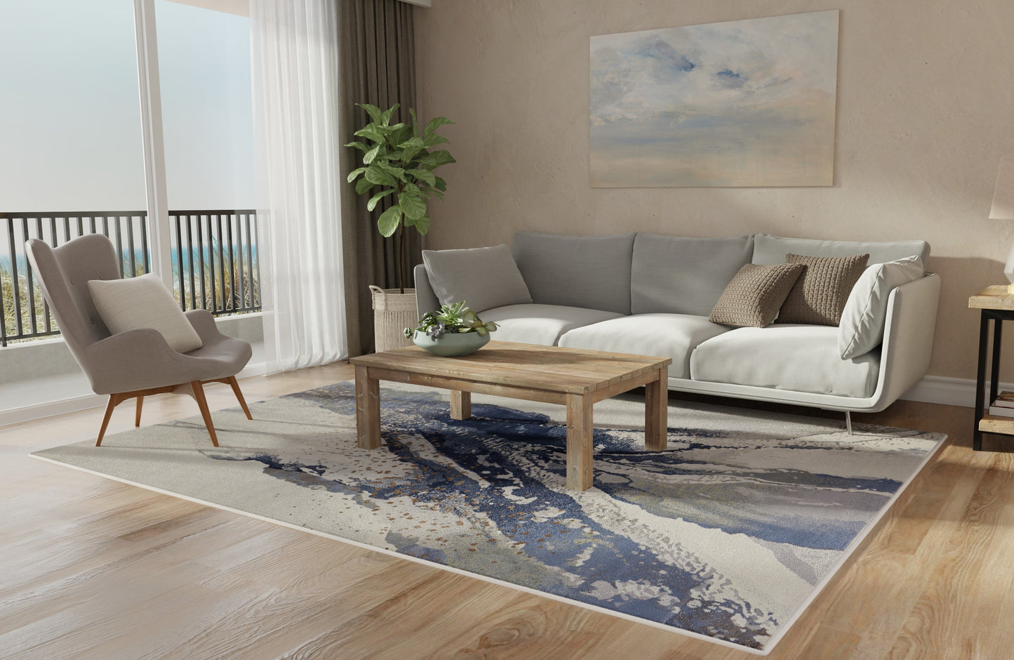 Mandana Modern/Bohemian & Eclectic Abstract/Watercolor Ivory/Blue - Feizy Rug