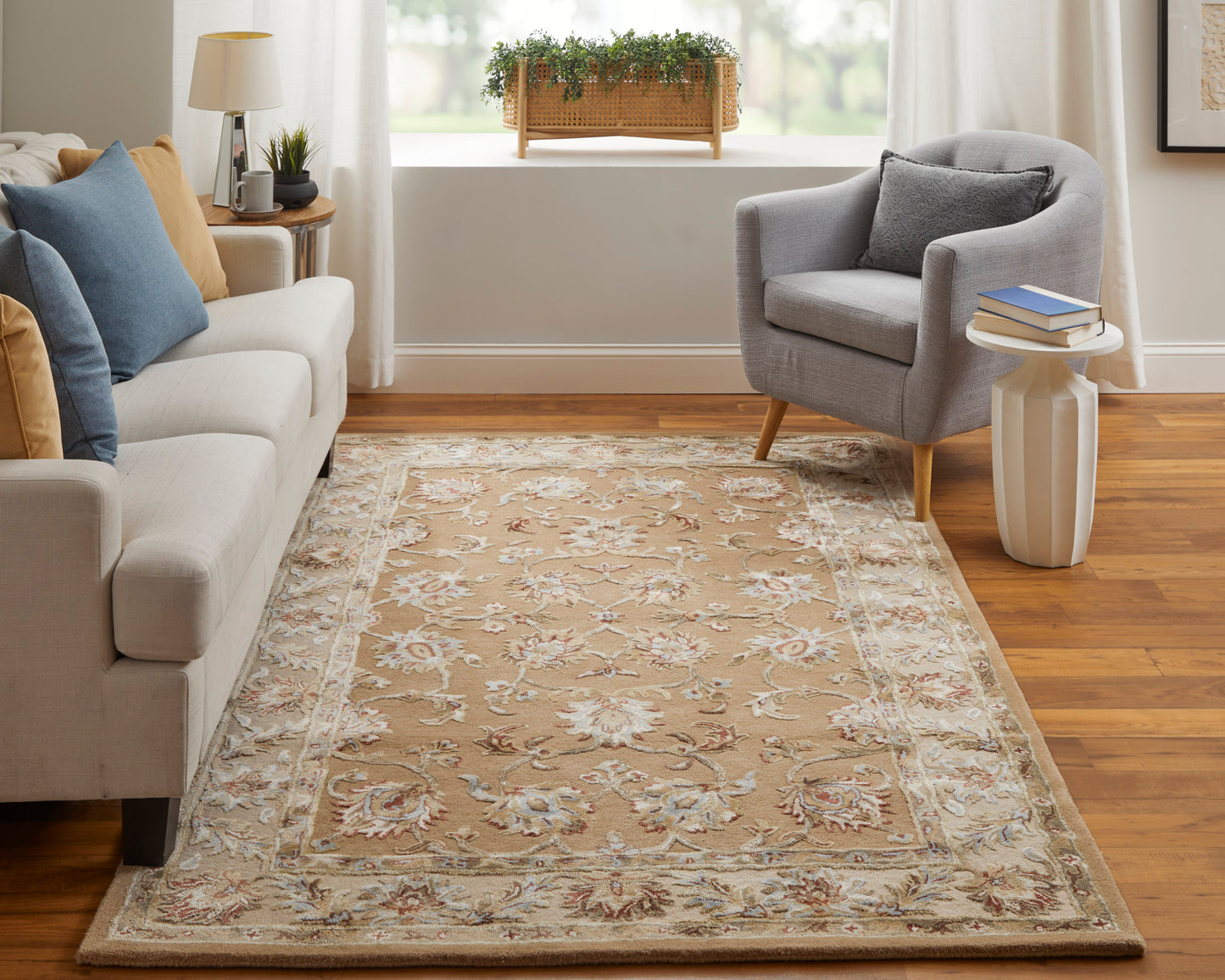 Prescott Traditional/French & Victorian/Bohemian & Eclectic Floral & Botanical/Bordered Tan/Ivory - Feizy Rug