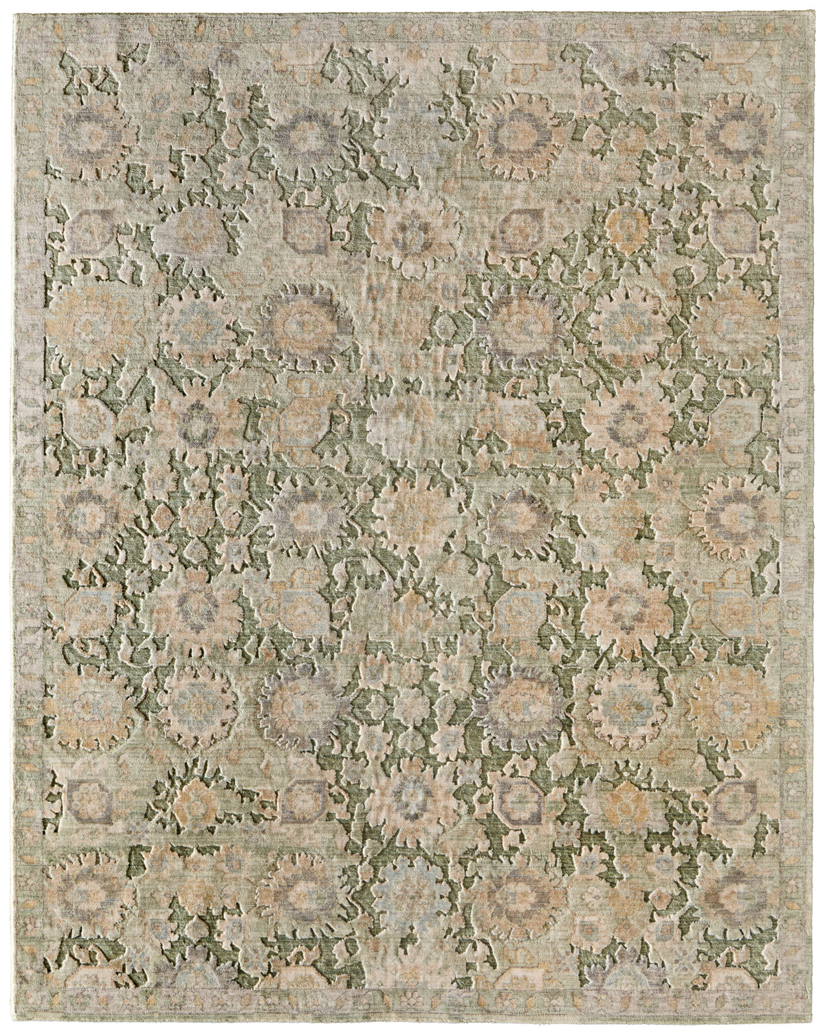 Jaxson Traditional/Vintage Floral & Botanical/Bordered/Distressed Green/Gold/Tan - Feizy Rug