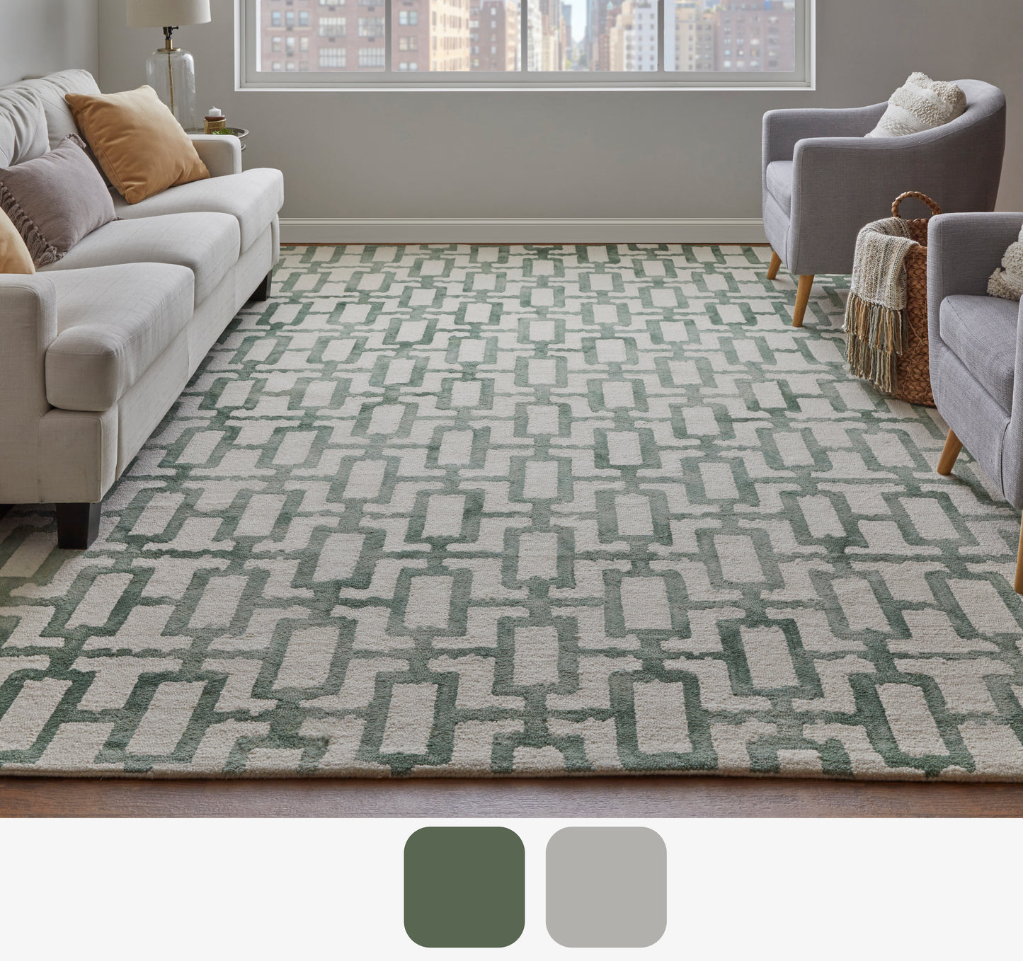 Lorrain Modern/Bohemian & Eclectic/Casual Ivory/Green Accent Rug