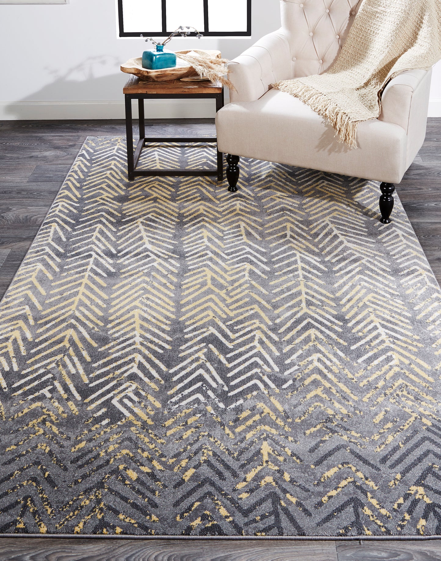 Bleecker Modern/Bohemian & Eclectic/Casual Chevron/Abstract/Geometric Gray/Yellow/White - Feizy Rug