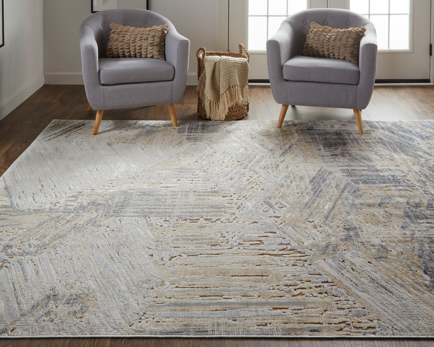 Laina Transitional/Casual Abstract/Geometric/Distressed Tan/Ivory/Gray - Feizy Rug