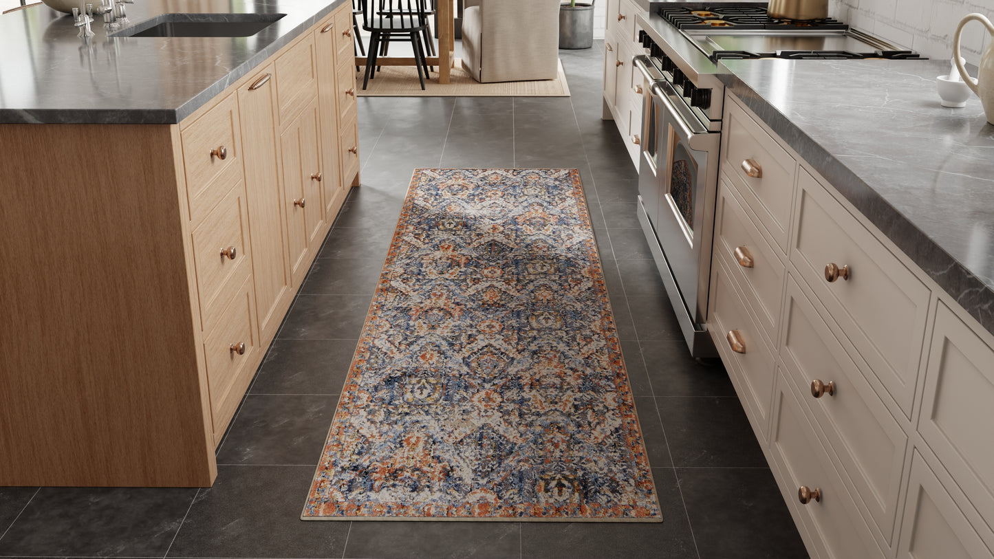 Kaia Transitional/Casual/Classic Floral & Botanical/Bordered/Oriental Blue/Orange/Ivory - Feizy Rug