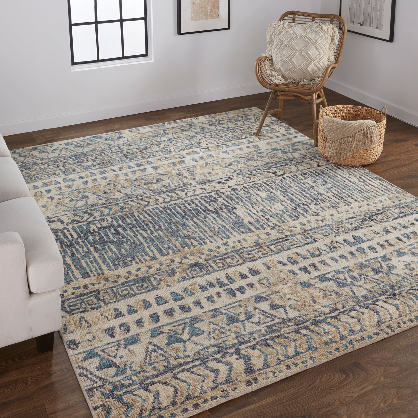 Palomar Transitional/Farmhouse Geometric Tan/Blue - Feizy Rug