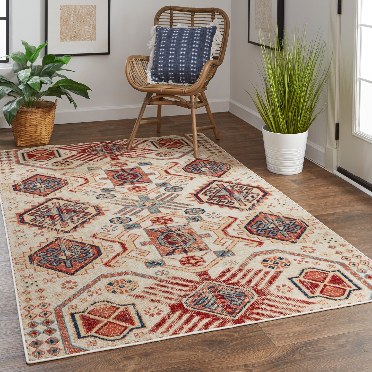 Nolan Transitional/Southwestern/Bohemian & Eclectic Southwestern/Diamond/Moroccan Ivory/Red/Tan - Feizy Rug