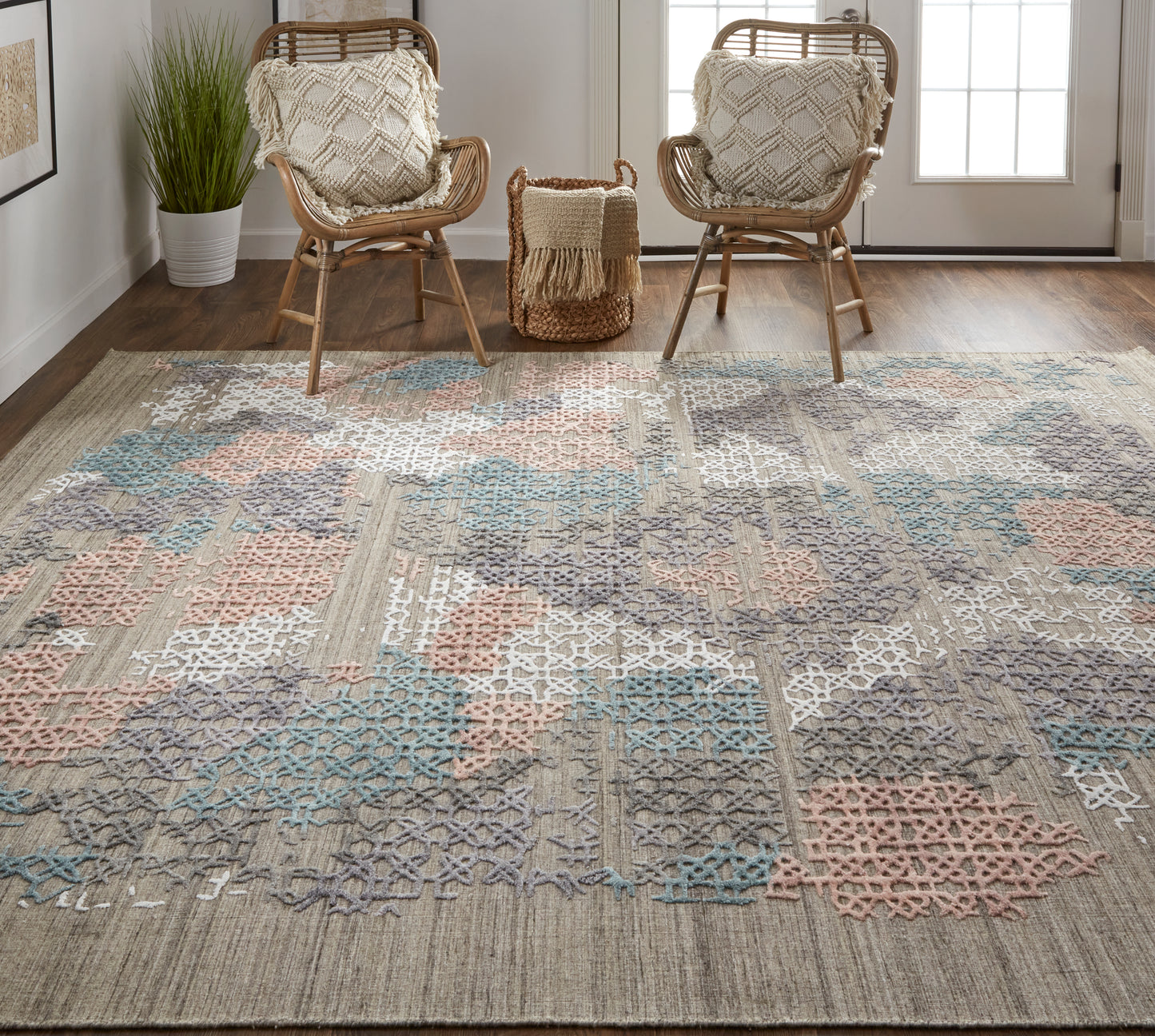 Elias Modern/Casual Abstract/Geometric/Distressed Pink/Blue/Taupe - Feizy Rug