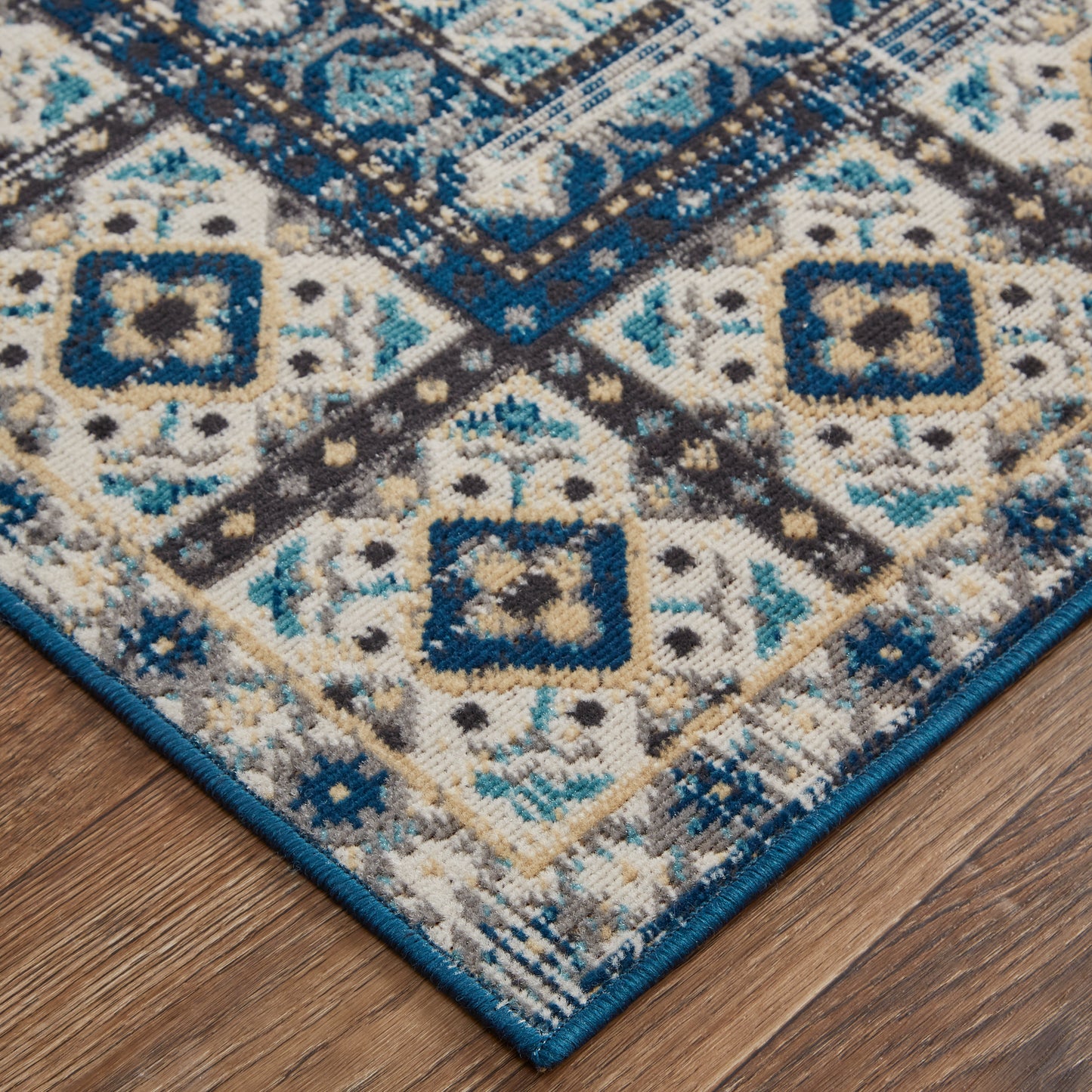 Nolan Transitional/Bohemian & Eclectic/Classic Medallion/Bordered/Moroccan Ivory/Tan/Blue - Feizy Rug