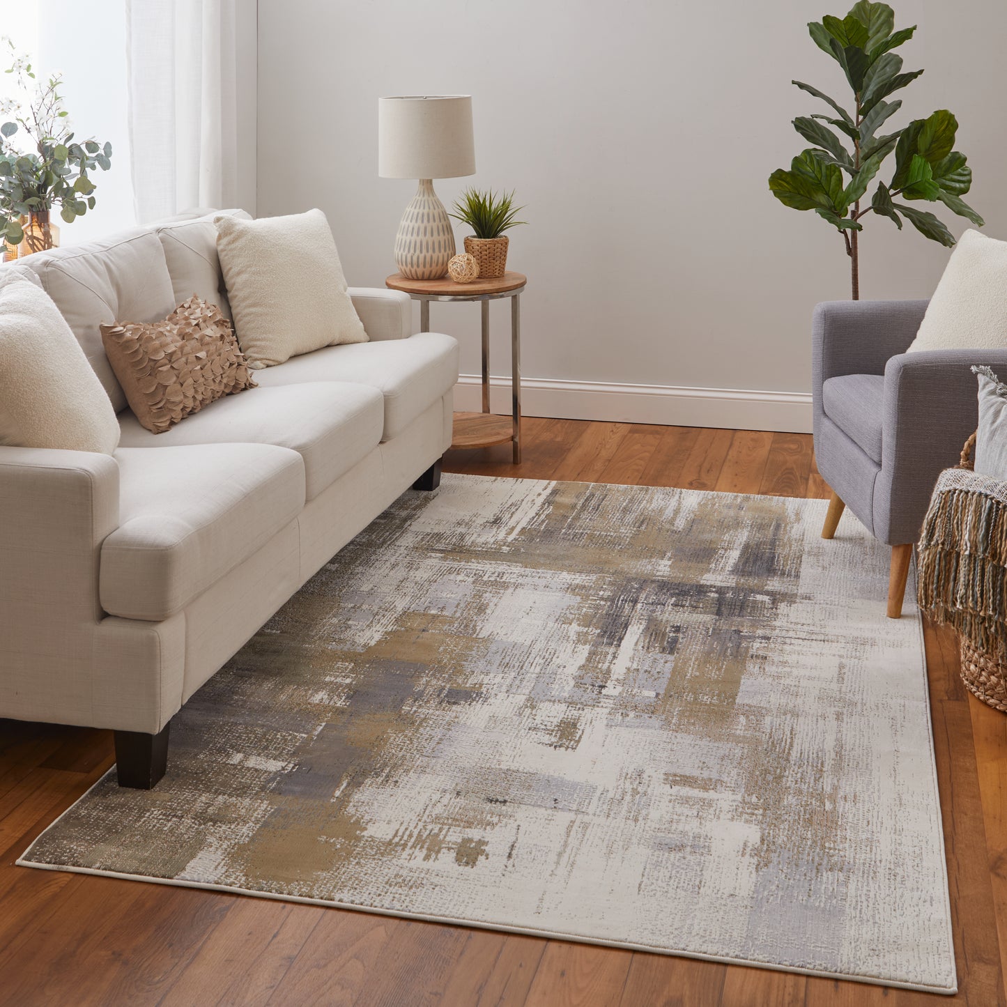 Mandana Modern/Bohemian & Eclectic/Industrial Abstract/Watercolor Brown/Ivory - Feizy Rug