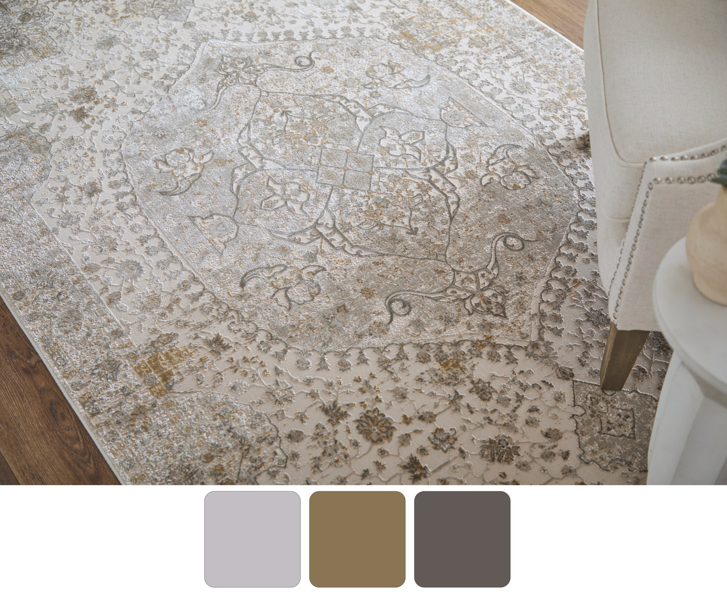 Cadiz Traditional/Vintage Medallion/Bordered/Distressed Ivory/Gray/Gold - Feizy Rug