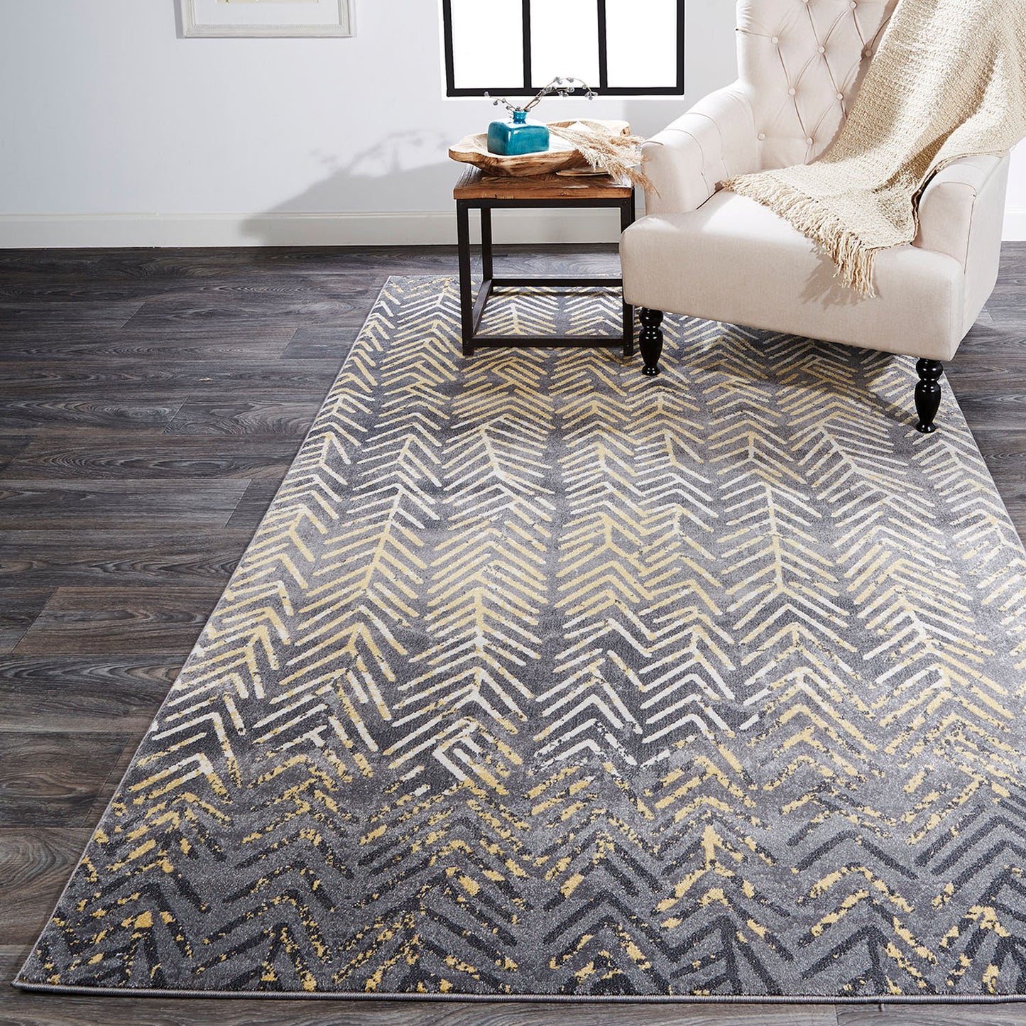 Bleecker Modern/Bohemian & Eclectic/Casual Chevron/Abstract/Geometric Gray/Yellow/White - Feizy Rug