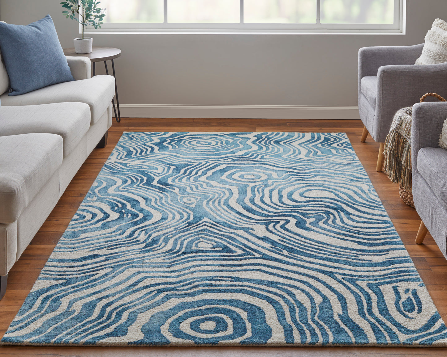 Lorrain Modern/Bohemian & Eclectic/Casual Abstract/Watercolor/Distressed Blue/Ivory - Feizy Rug